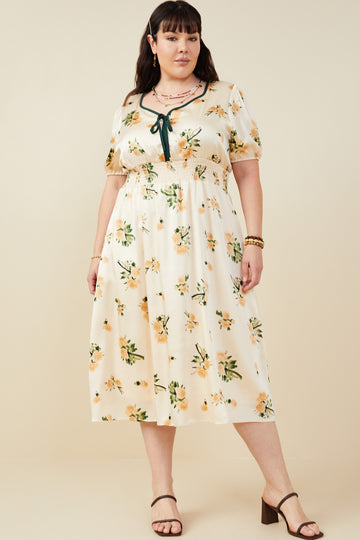 HY9376W Champagne Plus Contrast Piping Tied Smock Waist Satin Dress Full Body